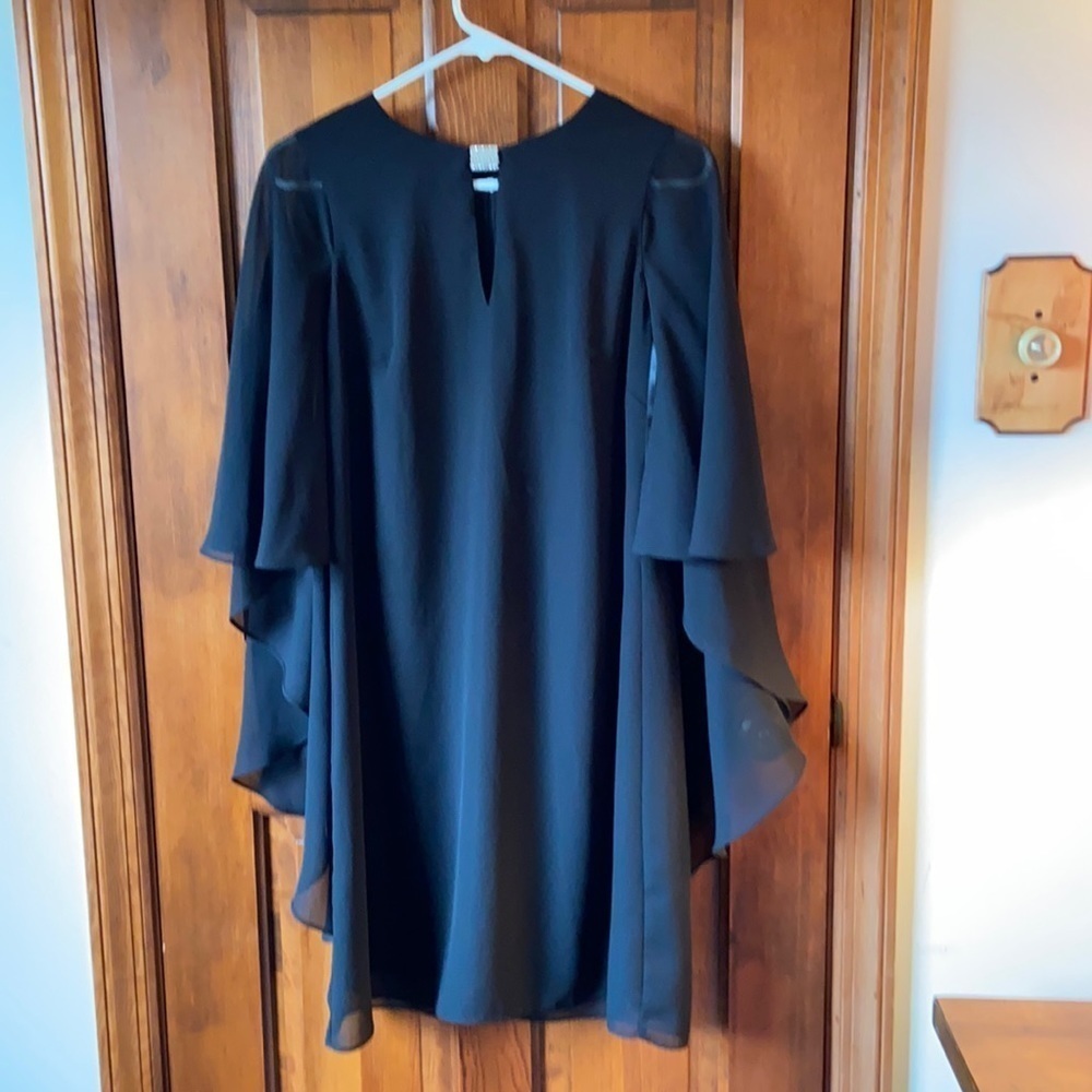 Tiana B Black Dress Attached Batwing Sheer Cape